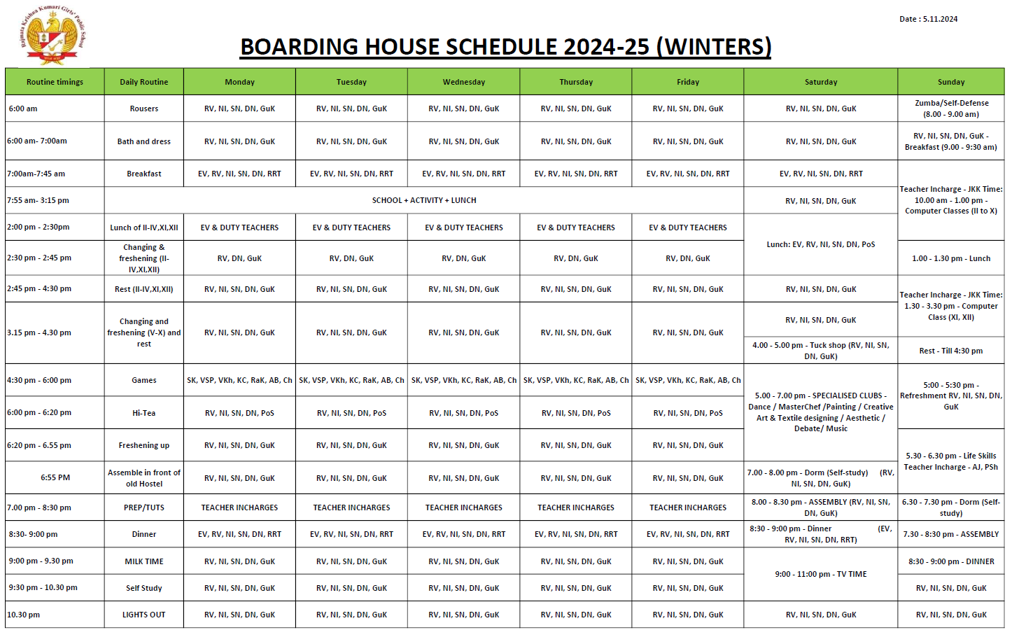 RKK Boarding Schedule