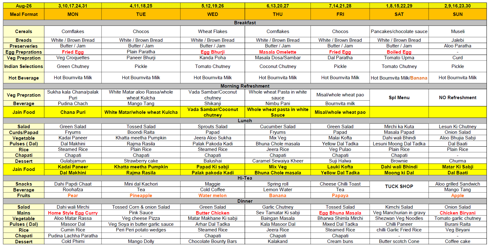 RKK August 2026 Menu