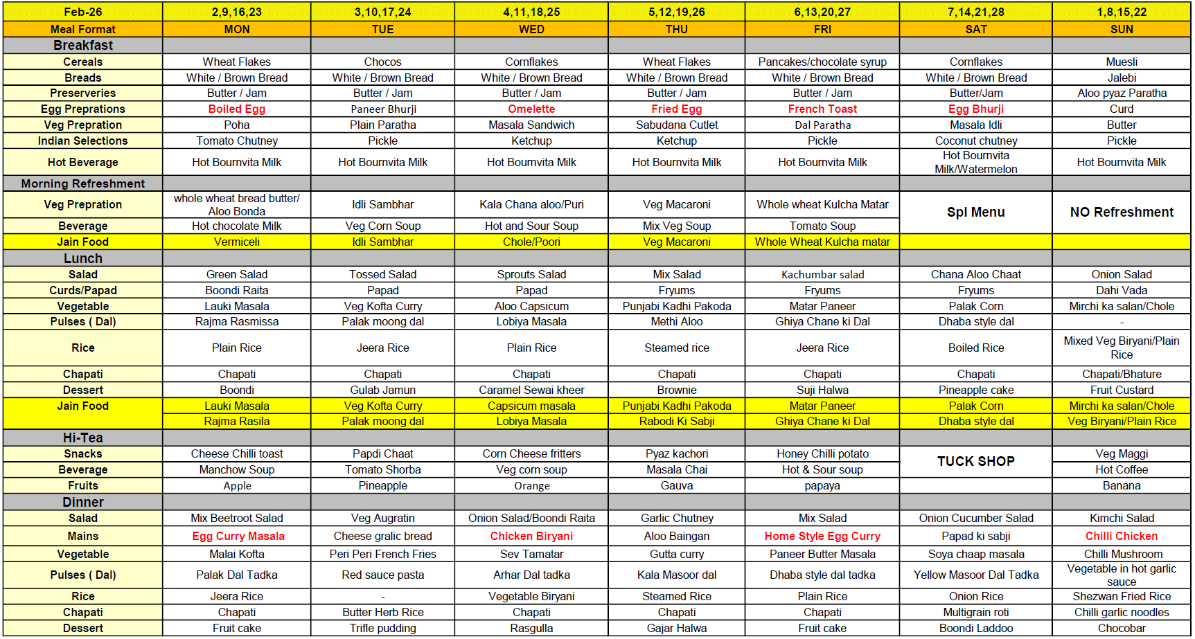 RKK February 2026 Menu