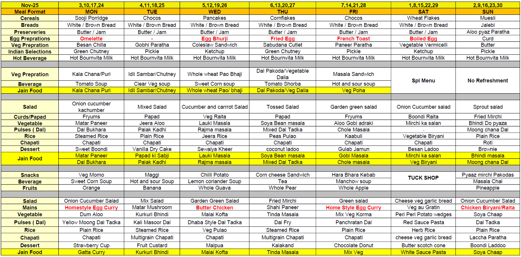 RKK November 2025 Menu