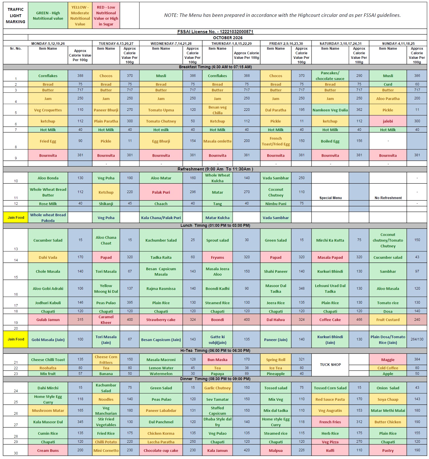 RKK October 2026 Menu